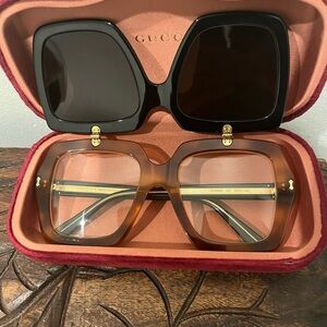 Gucci Tortoise Clear Square Frames with Black Flip-Up Sunglasses